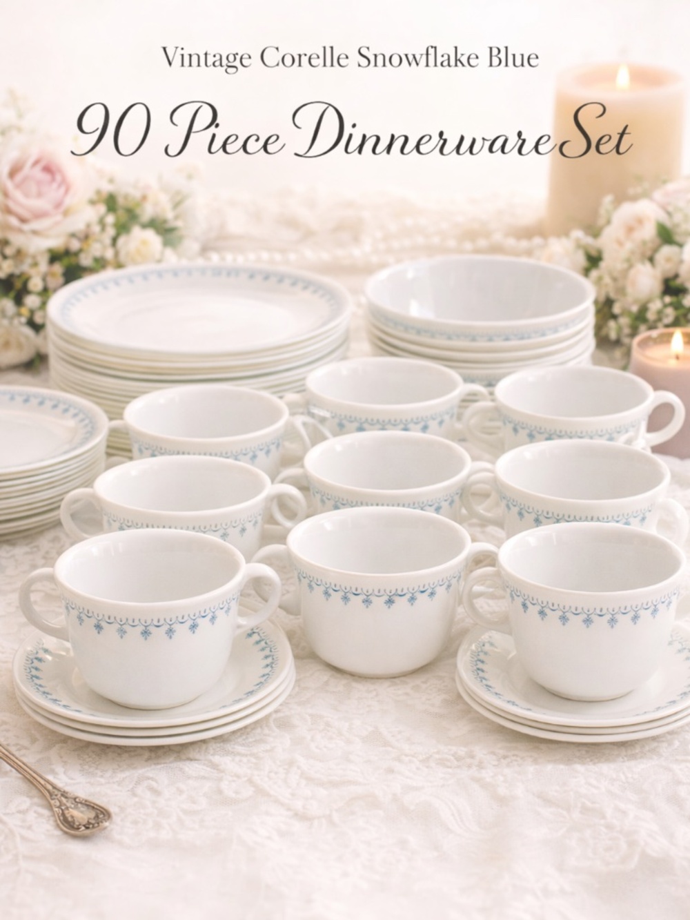 Vintage Corelle “Snowflake Blue” Dinnerware Set – Large Matching Lot